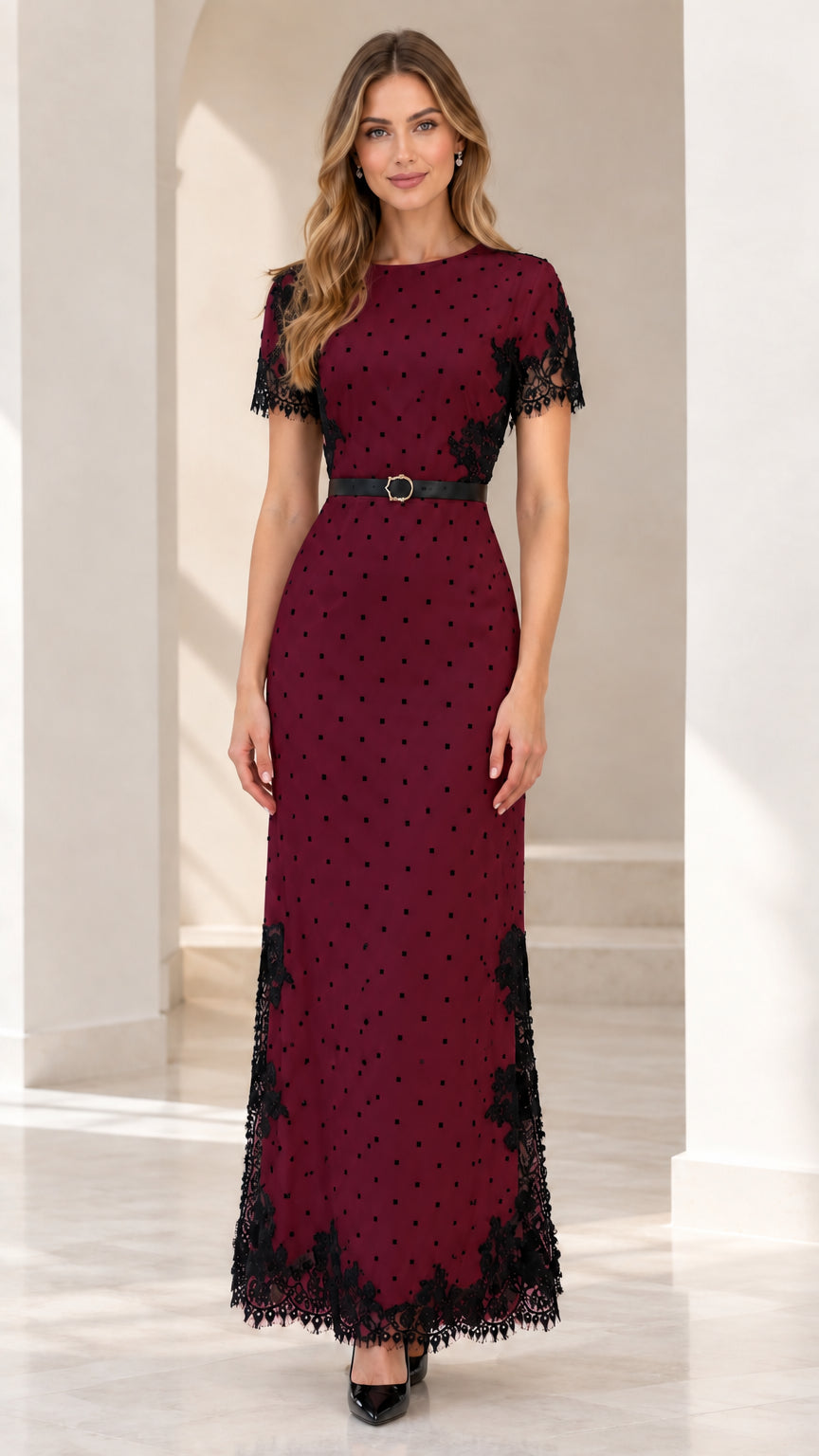 Model wearing burgundy polka dot maxi dress with black lace trim and belt