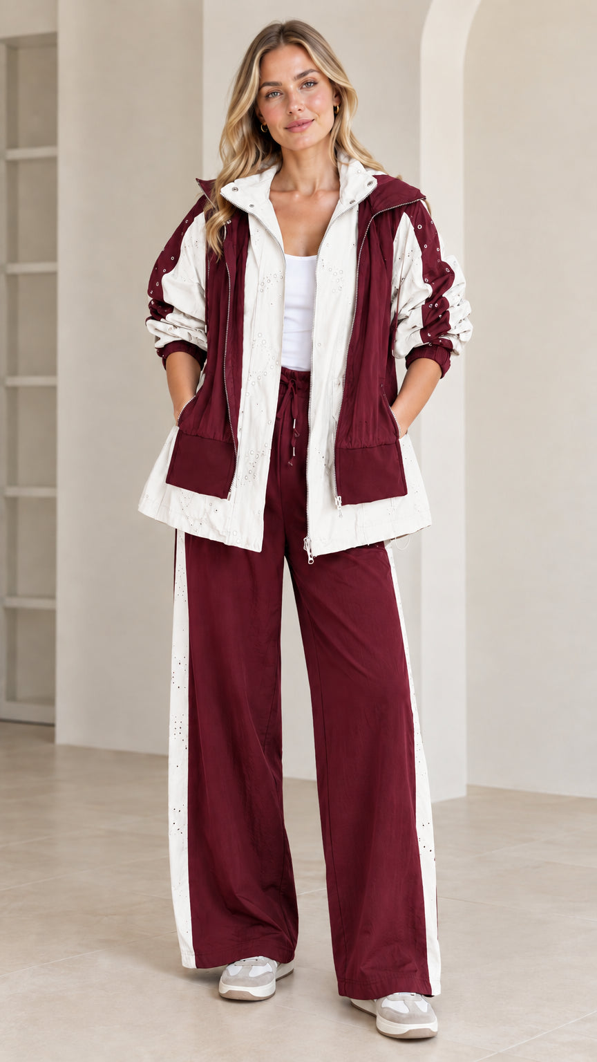 Full front view of burgundy and cream two-piece casual tracksuit set