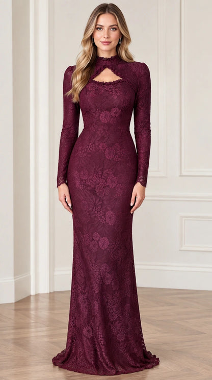 Front view of burgundy plum long sleeve lace maxi gown with keyhole neck