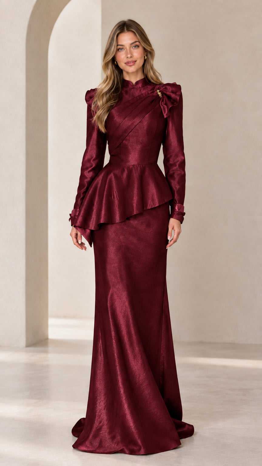 Burgundy wine long sleeve peplum evening maxi dress front view