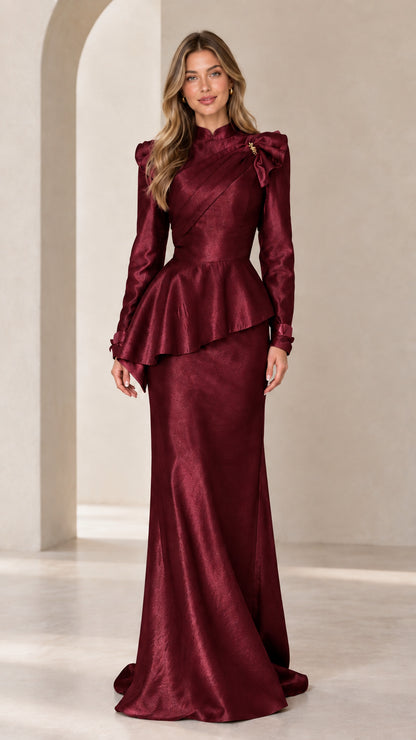 Burgundy wine long sleeve peplum evening maxi dress front view