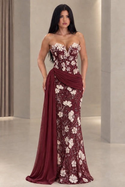 Burgundy wine red strapless floral lace mermaid formal dress