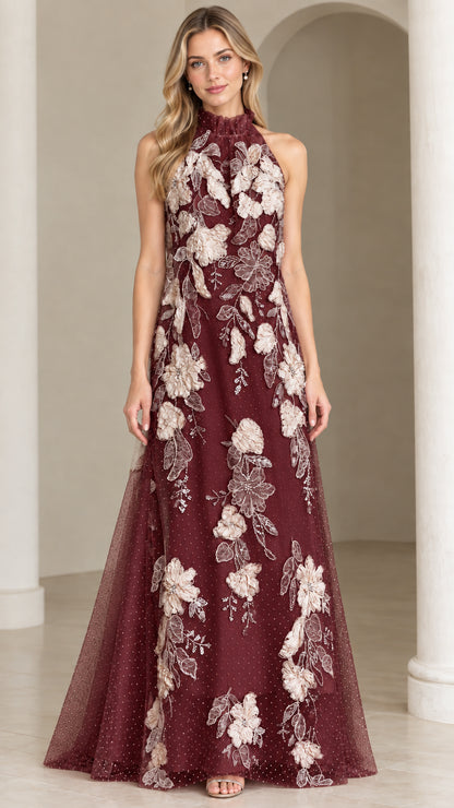 Front view of burgundy red tulle evening gown with cream floral appliques