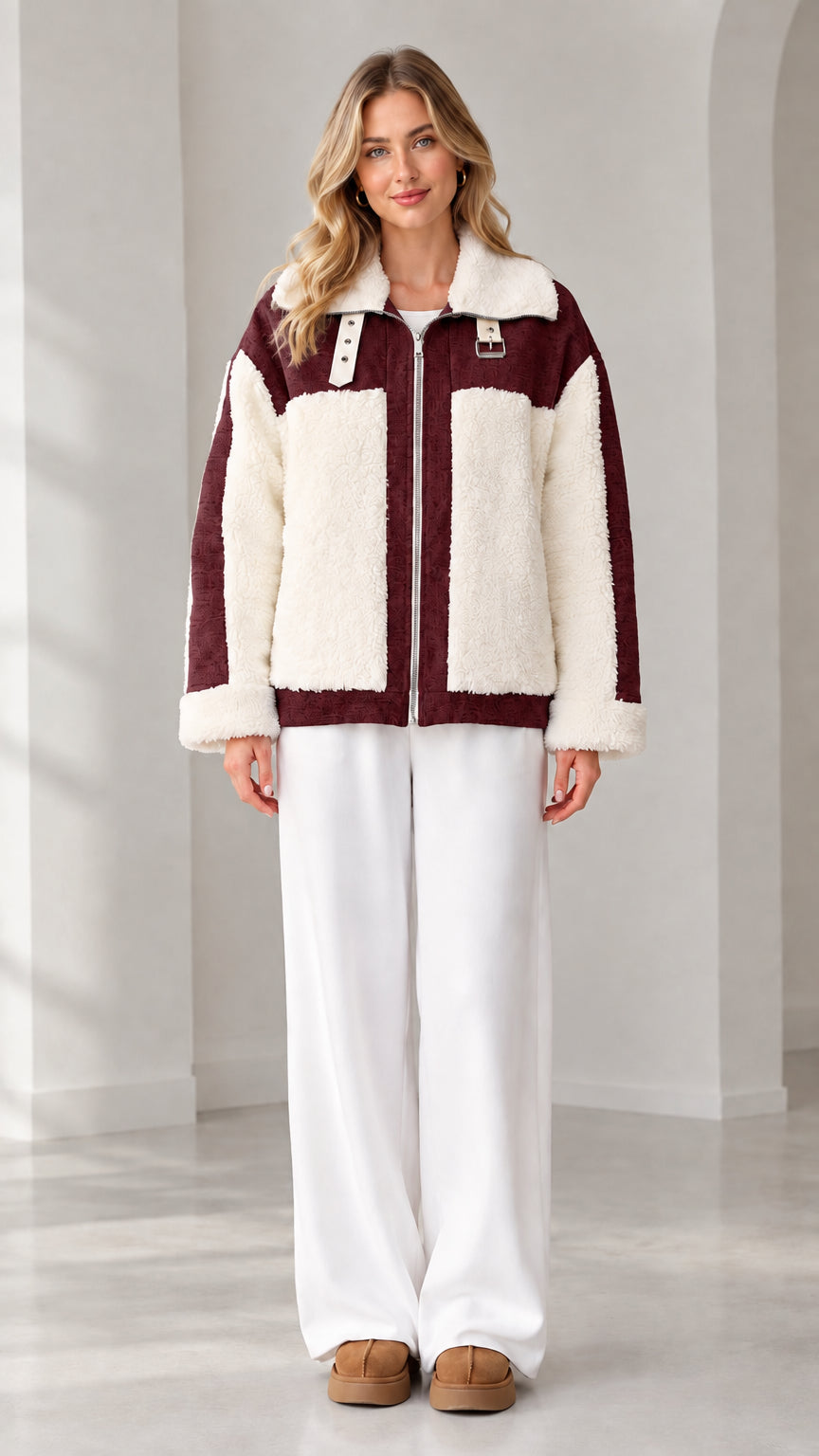 Front view of woman wearing burgundy wine and cream colorblock sherpa fleece zip jacket