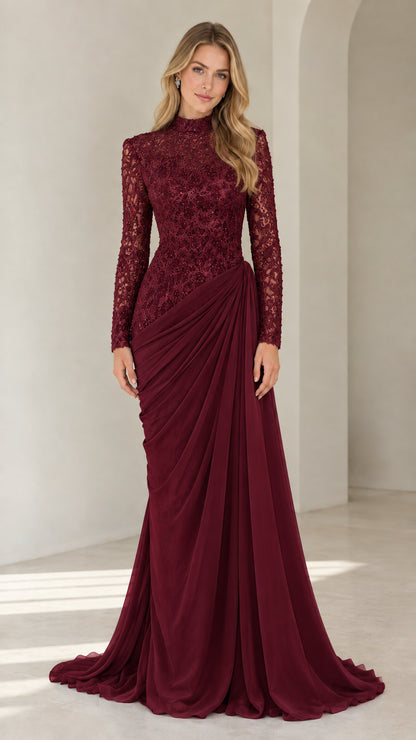 Front view of burgundy red high neck lace long sleeve draped formal gown