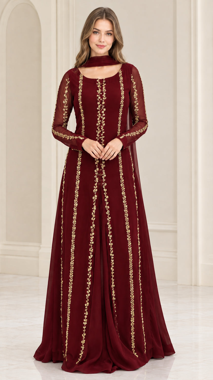 Front view of burgundy red embroidered long sleeve formal maxi dress