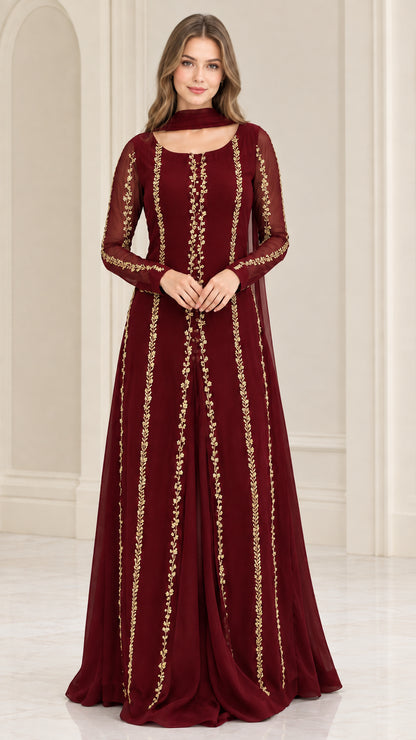 Front view of burgundy red embroidered long sleeve formal maxi dress