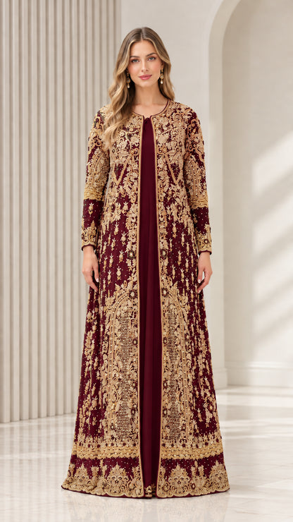 Front view of Burgundy two-piece maxi dress with gold embroidered coat