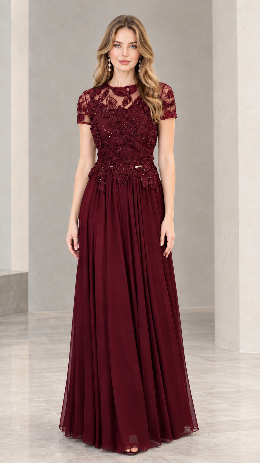 Burgundy beaded floral lace evening dress with short sleeves