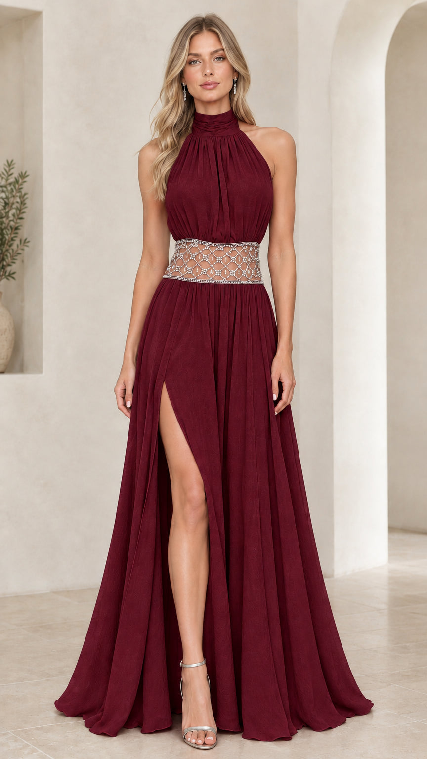 Burgundy halter neck floor-length evening dress with high side slit