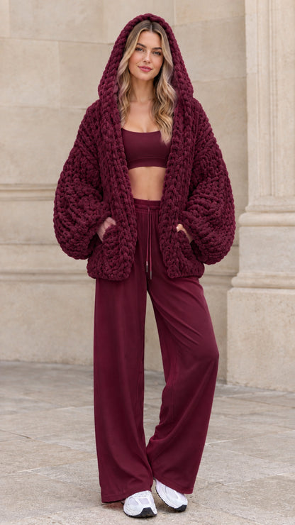 Women's burgundy wine red chunky knit hooded cardigan sweater coat