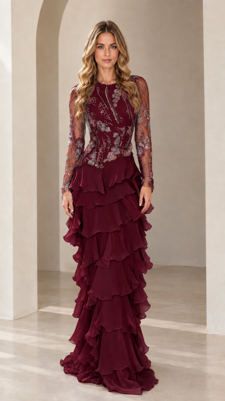 Front view of model wearing Burgundy wine embroidered tiered ruffle formal dress