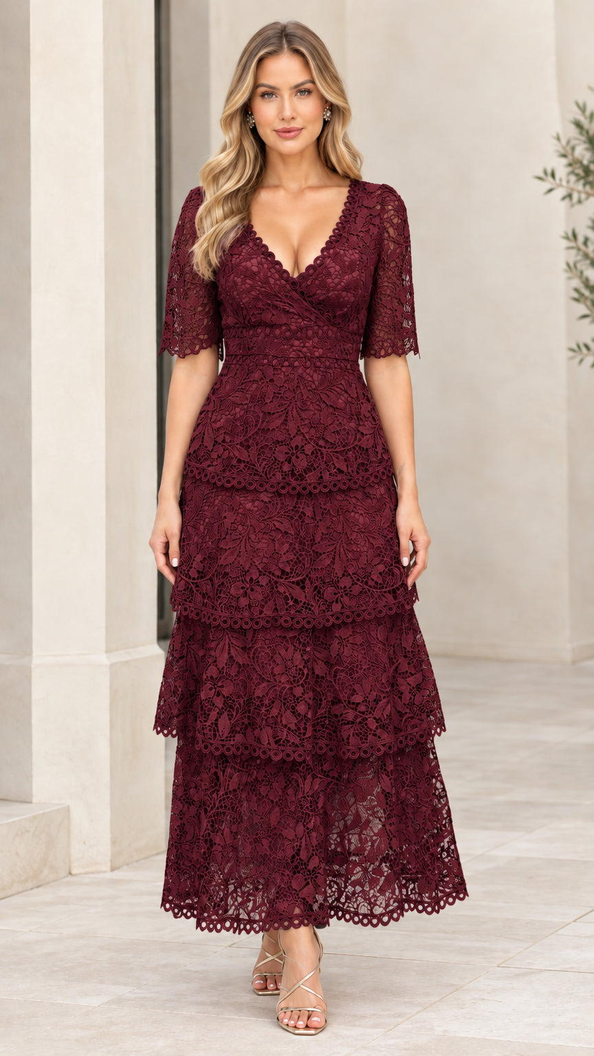 Burgundy tiered floral lace maxi dress with scalloped hem