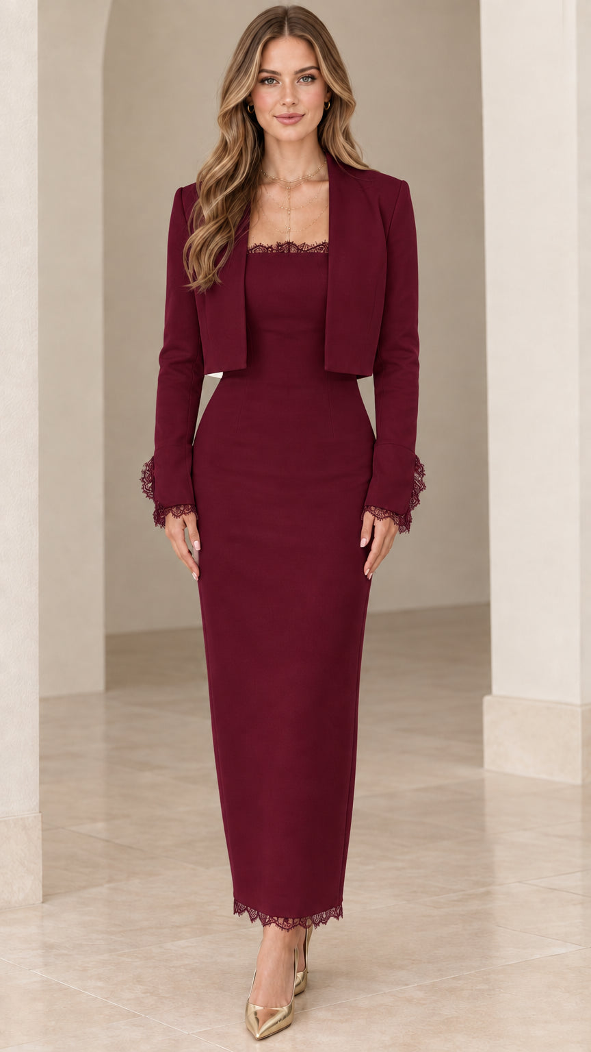 Front view of woman wearing Burgundy wine lace-trim maxi dress with cropped jacket