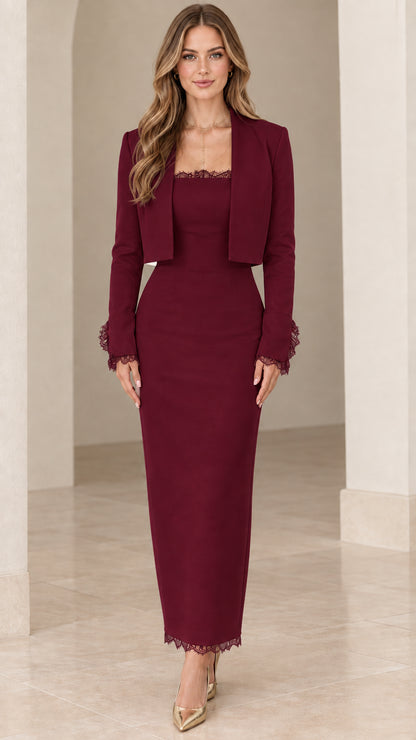 Front view of woman wearing Burgundy wine lace-trim maxi dress with cropped jacket