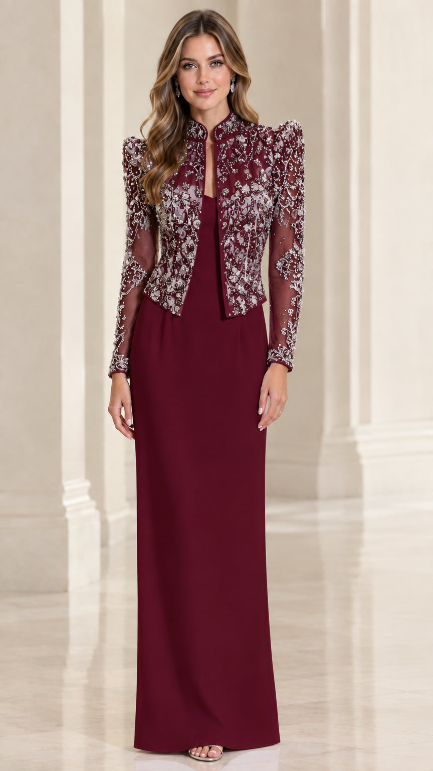 Burgundy wine formal maxi dress with matching long-sleeve lace jacket