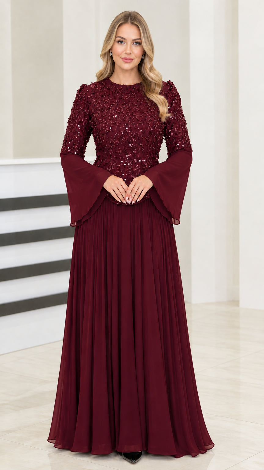 Front view of burgundy wine red sequin beaded chiffon evening maxi dress