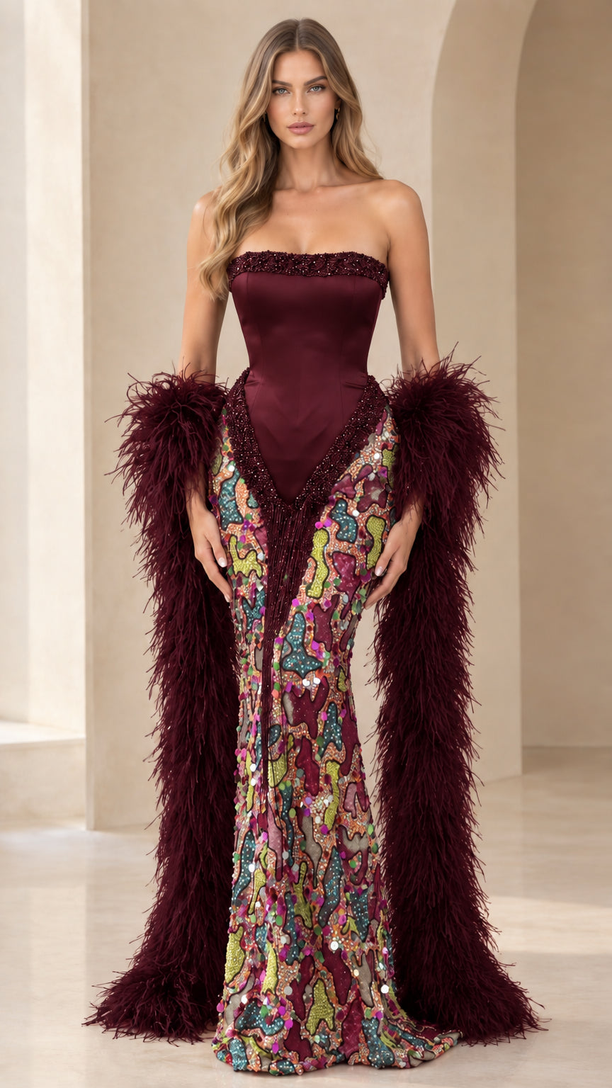Burgundy strapless corset sequin evening gown with burgundy feather stole