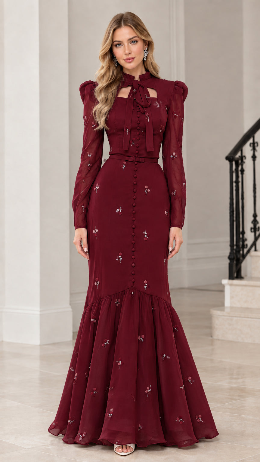 Burgundy wine red long sleeve floral sequin mermaid evening gown