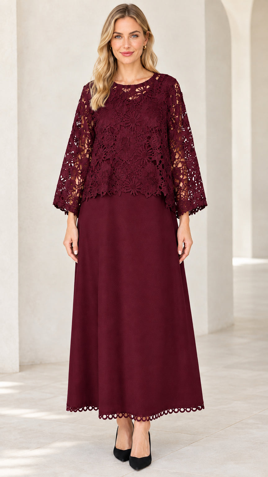 Front view of model wearing Burgundy wine floral lace overlay maxi dress