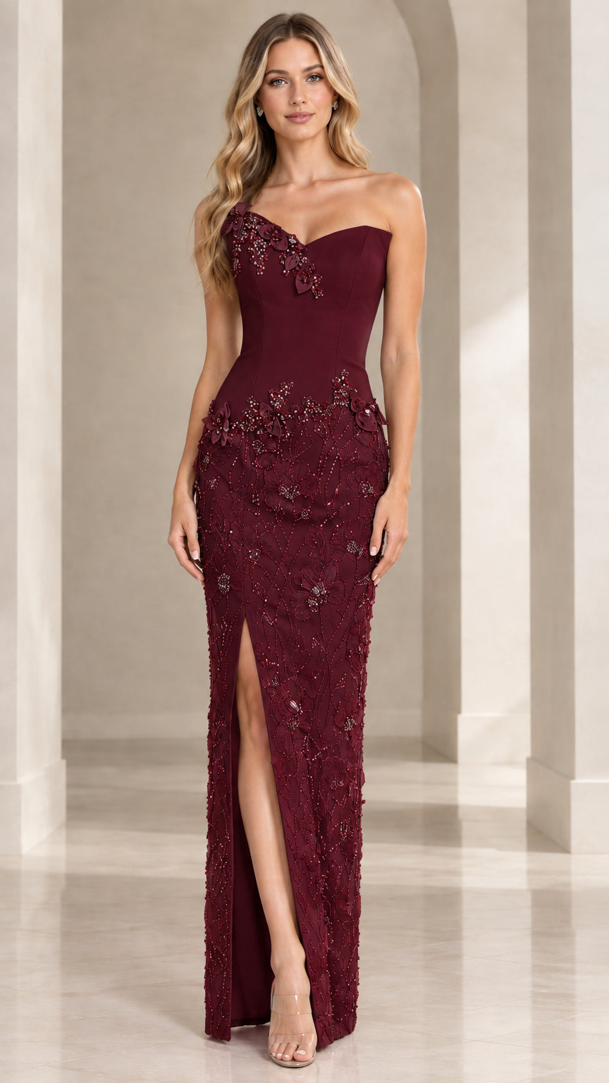 Burgundy wine one-shoulder evening dress with lace column skirt