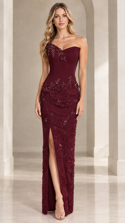 Burgundy wine one-shoulder evening dress with lace column skirt