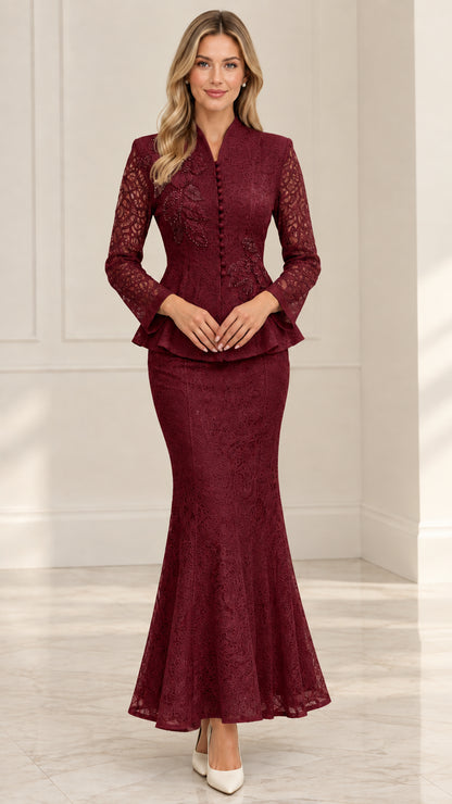 Front view of model wearing Burgundy red lace formal skirt suit with beaded details