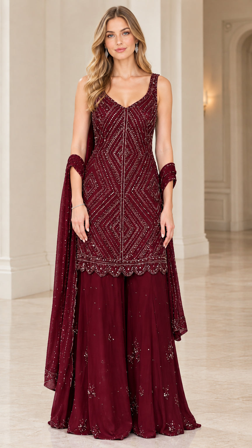 Model wearing Burgundy wine beaded kurti and flared sharara pants set