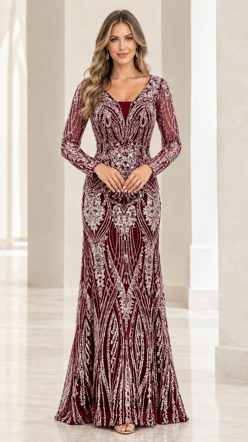 Front view of model wearing Burgundy sequin long sleeve V-neck evening gown