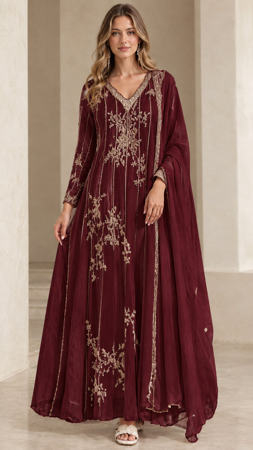 Model wearing rich burgundy embroidered evening gown with matching scarf