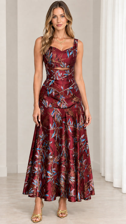 Front view of burgundy red floral print sleeveless cutout maxi dress
