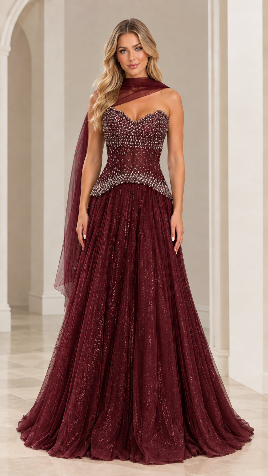 Full front view of burgundy wine beaded sweetheart tulle A-line evening gown