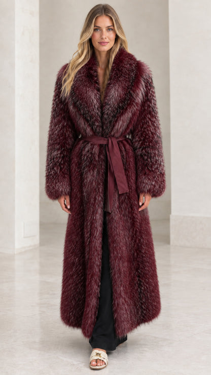 Front full-length view of Burgundy maxi faux fur coat