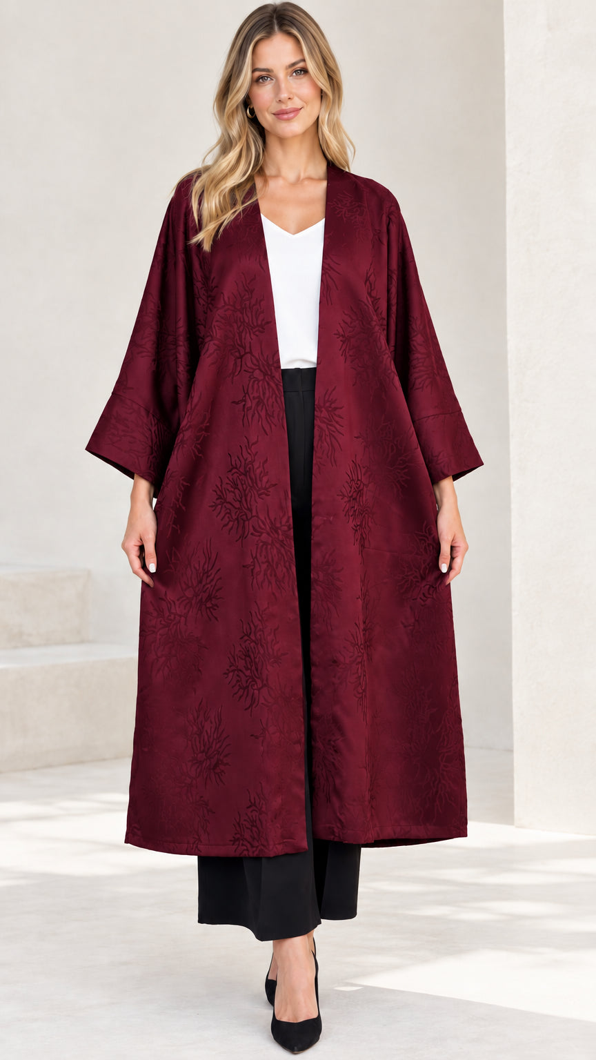 Burgundy wine red jacquard longline duster coat on model