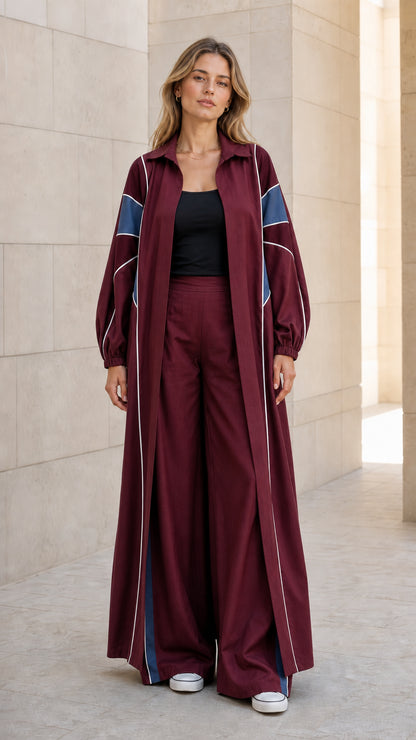 Burgundy colorblock maxi duster and wide leg trousers set