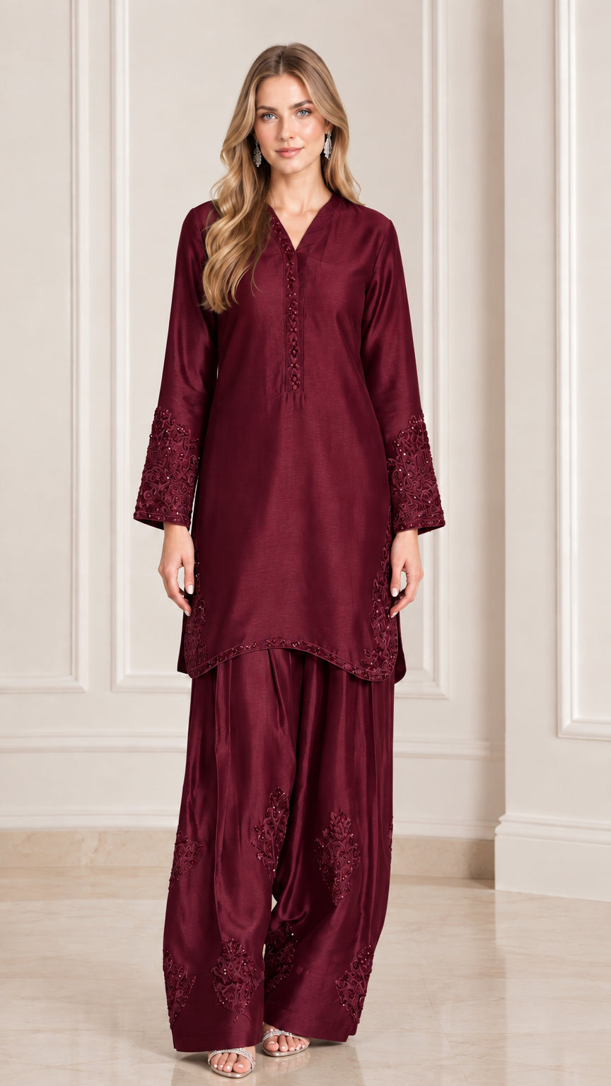 Burgundy wine red embroidered satin two piece tunic and palazzo set