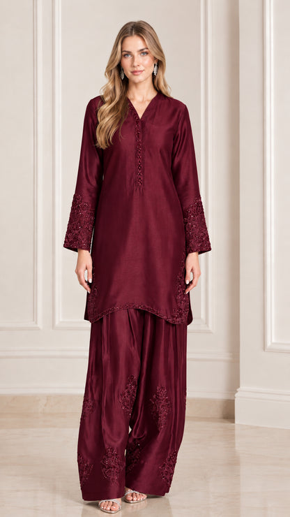 Burgundy wine red embroidered satin two piece tunic and palazzo set