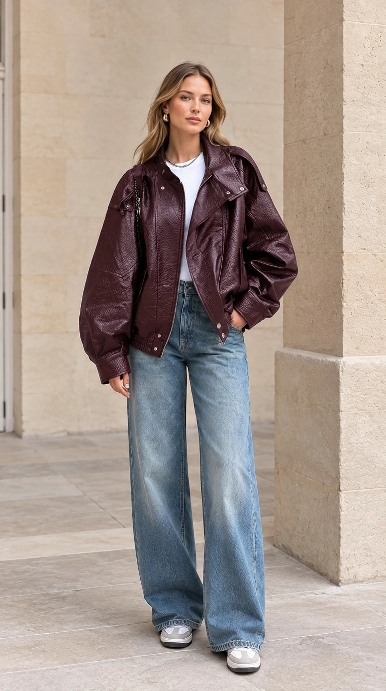 Front view of woman wearing burgundy wine red textured faux leather bomber jacket