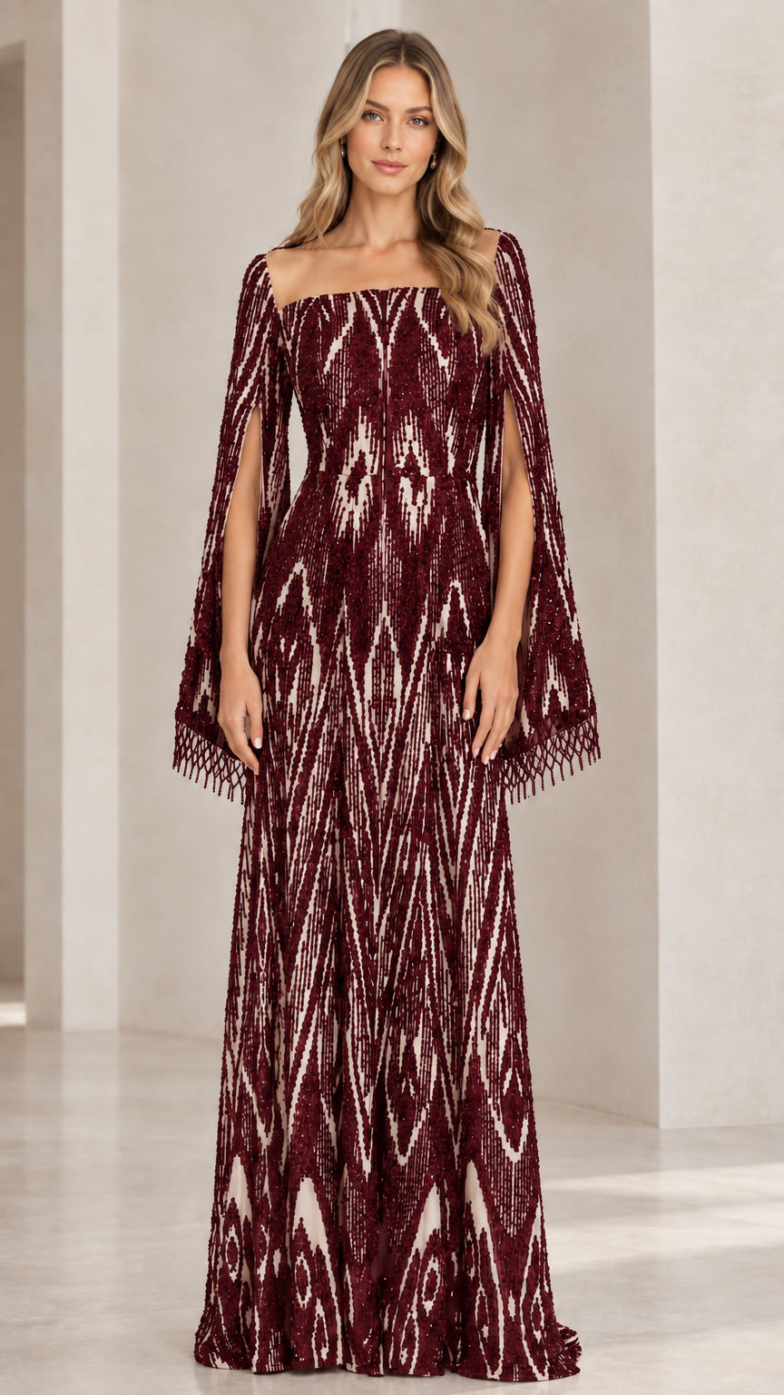 Burgundy wine red sequin evening dress with fringe cape sleeves