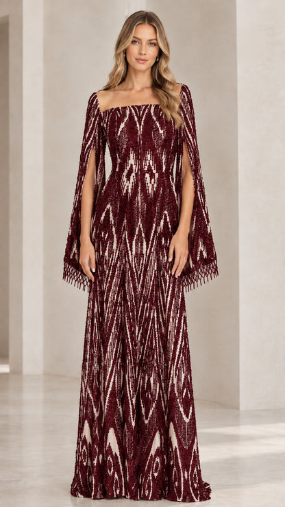 Burgundy wine red sequin evening dress with fringe cape sleeves