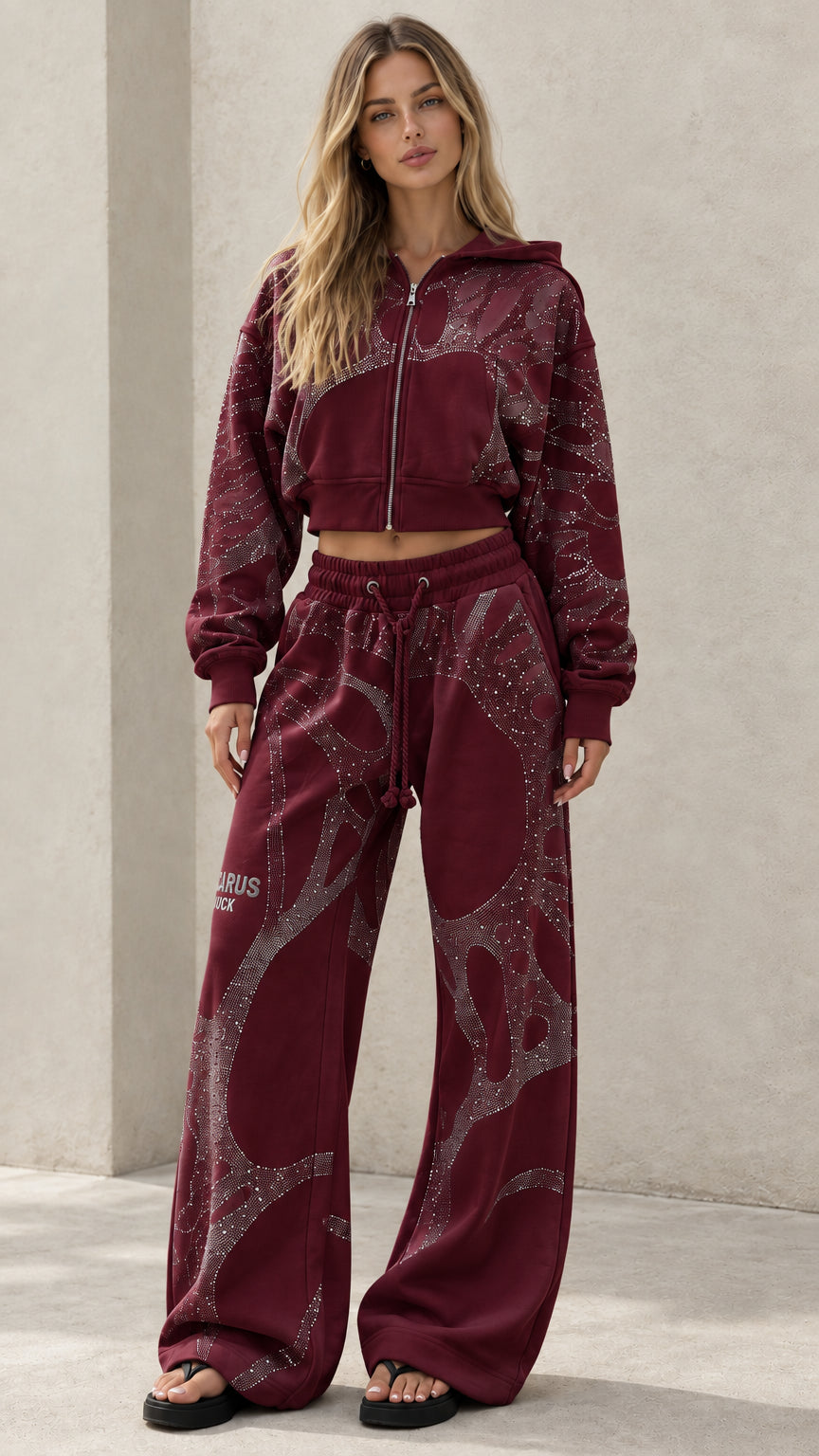Burgundy deep red rhinestone cropped hoodie and matching wide leg sweatpants