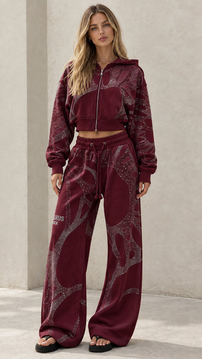Burgundy deep red rhinestone cropped hoodie and matching wide leg sweatpants