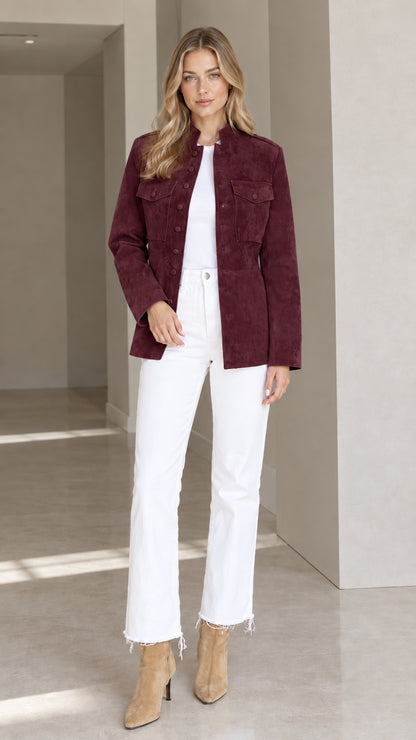 Front view of woman wearing Burgundy faux suede utility jacket