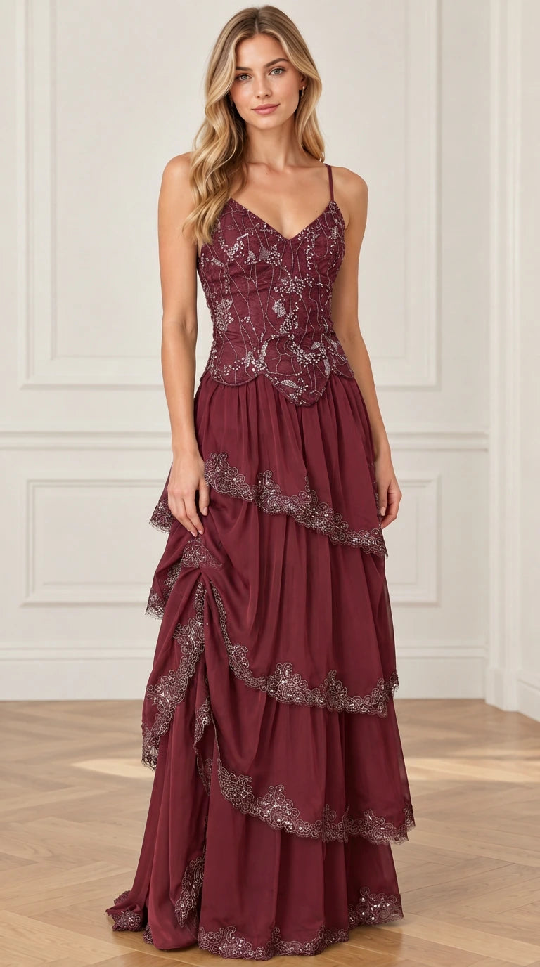 Burgundy wine red tiered formal maxi dress with sequin details
