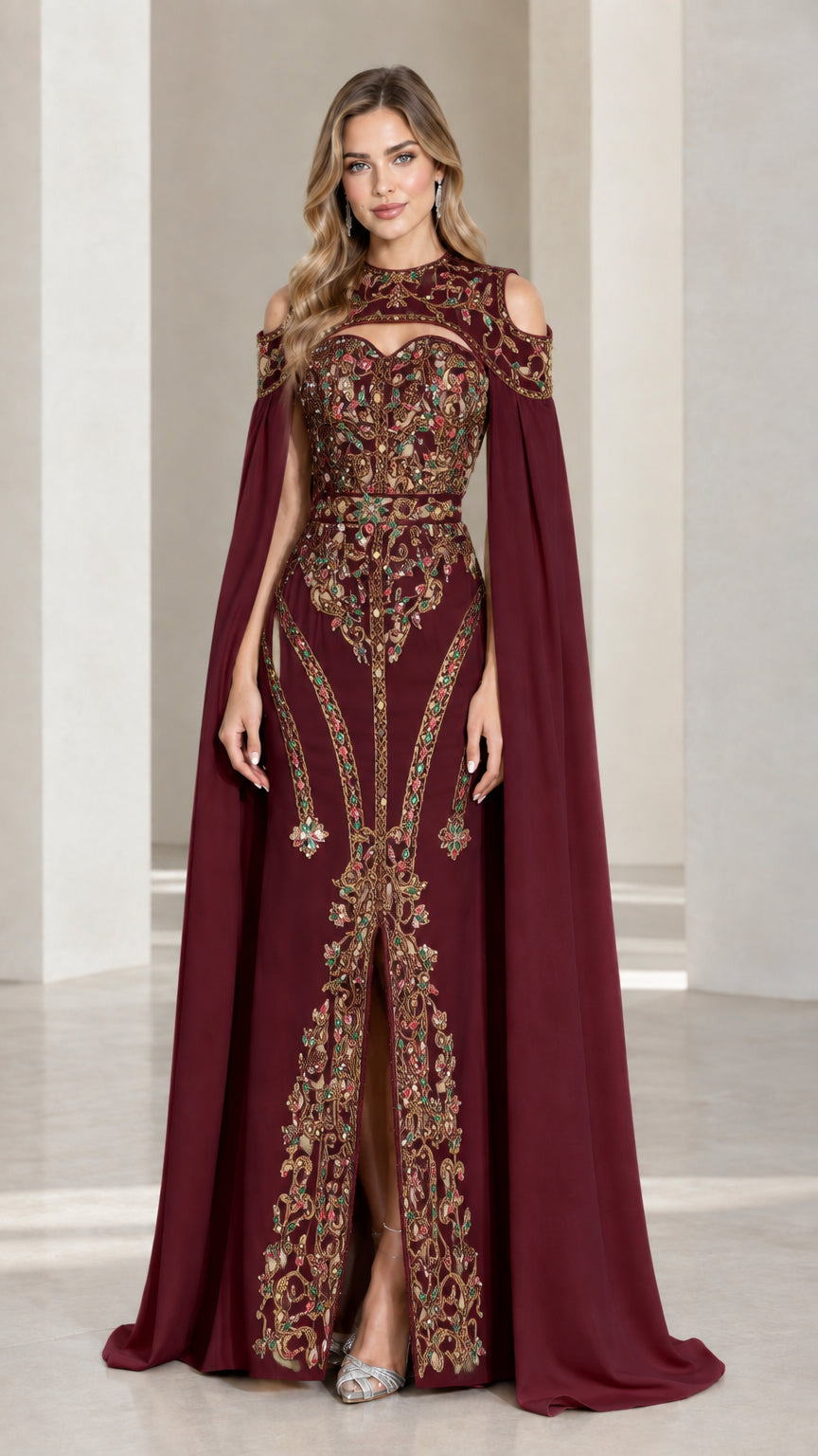 Burgundy wine embellished cape evening gown front view