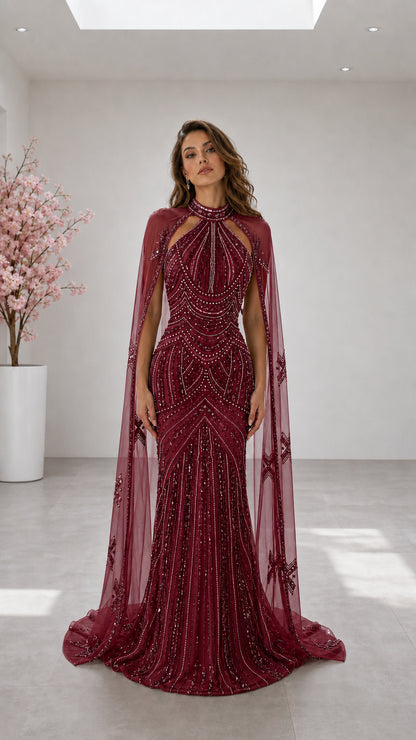 Burgundy wine red halter neck sequin gala dress with sheer cape