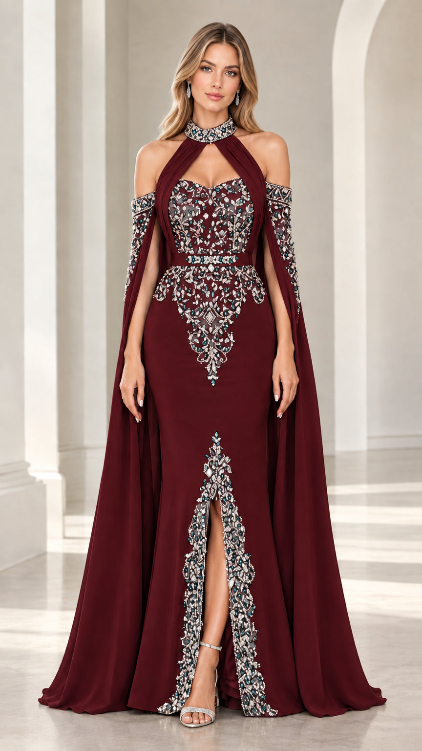 Burgundy wine red embellished cape evening dress with front slit