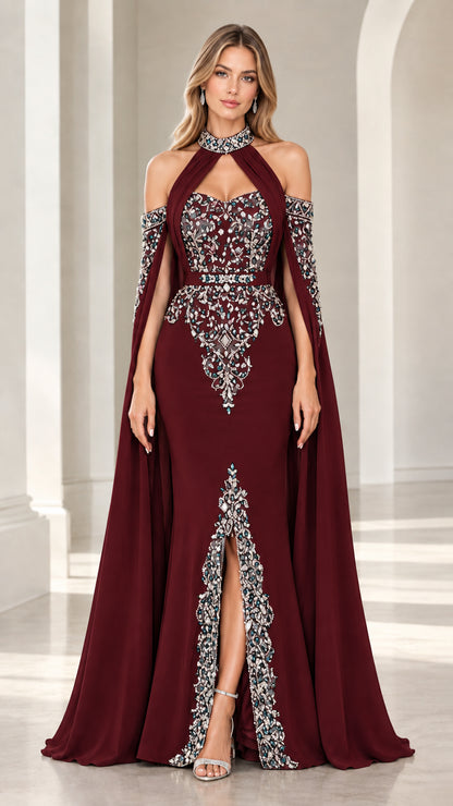 Burgundy wine red embellished cape evening dress with front slit