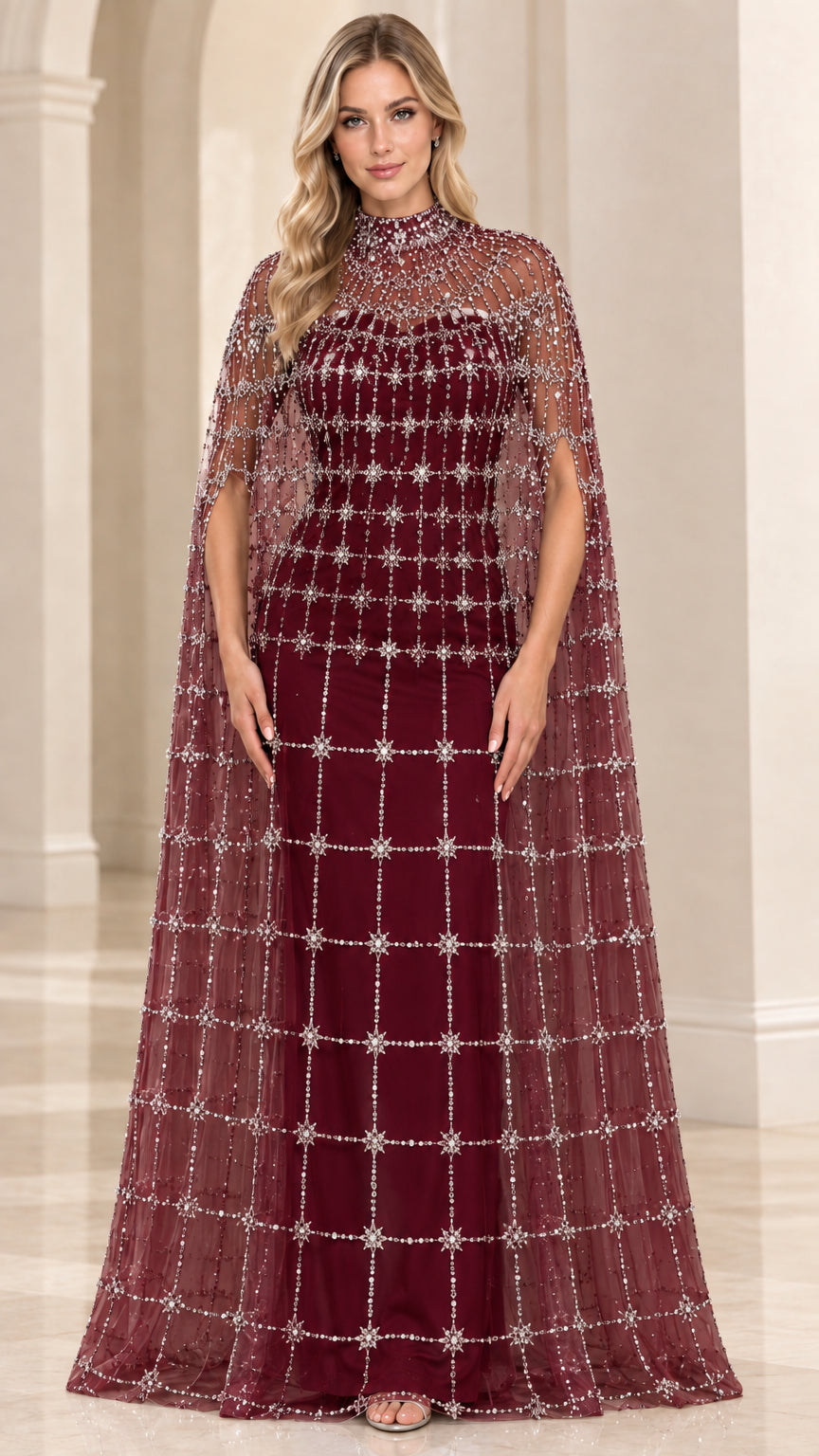 Burgundy wine formal gown featuring high neck beaded sheer cape