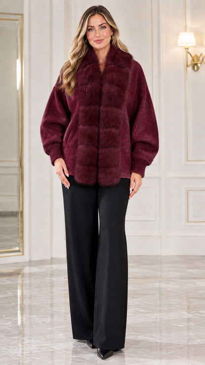 Women's rich burgundy wine red knit jacket with plush faux fur trim